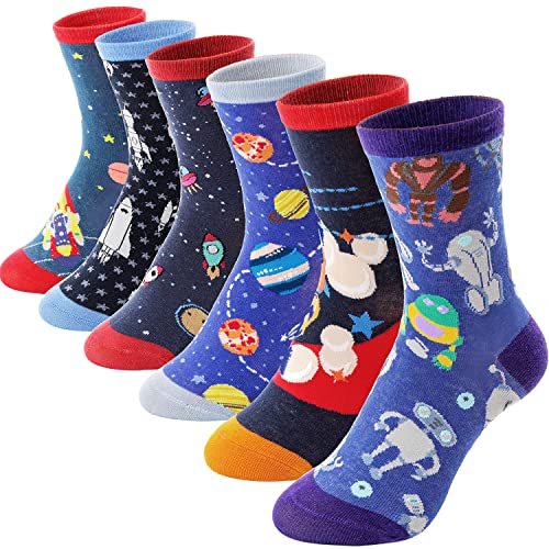 Anlisim Boys Kids Socks Fun Crazy Novelty Funny Silly Space Crew Cotton Teenage Boy Children Socks 6 Pairs Birthday Gifts Stocking Stuffers(Rocket & Space,5-8Y)