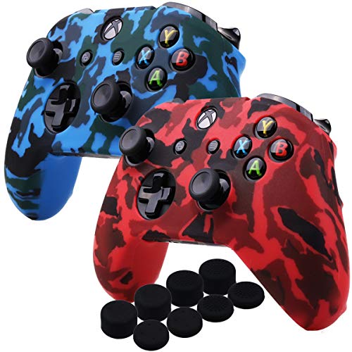 YoRHa Water Transfer Printing Camouflage Silicone Cover Skin Case for Microsoft Xbox One X & Xbox One S Controller x 2(red&Blue) with PRO Thumb Grips x 8