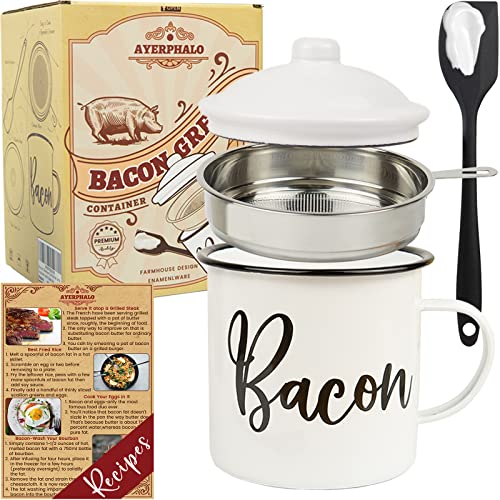 Bacon Grease Container with Strainer - With Food-Grade Silicone Spatula , 46oz Large Enamel Rustic Farmhouse Fat Container , Keeper , Recipes , Dishwasher Safe