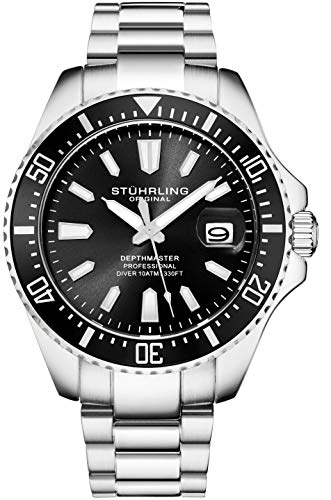 Stuhrling Original Men's Watches Dive Watch Black Dial 42MM Silver Stainless Steel Bracelet Water Resistant to 330 FT (Gold/Silver)