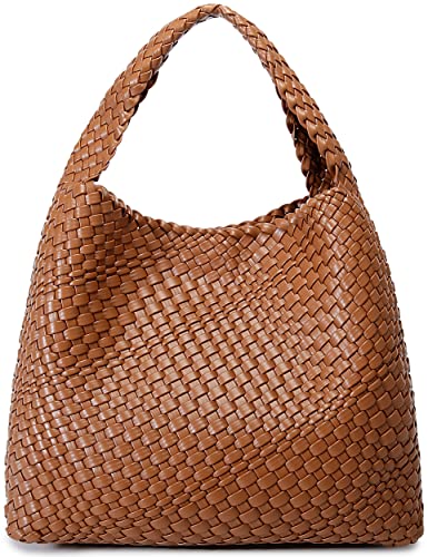 Fashion Woven Purse for Women Top-handle Shoulder Bag Soft Summer Hobo Tote Bag (Brown)