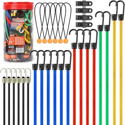 HORUSDY 30-Piece Premium Bungee Cords Assortment Jar, Includes 10”,18”,24”,32”,40” Bungee Cords, 8”Canopy/Tarp Ball Ties and Crocodile Mouth Tarp Clips.