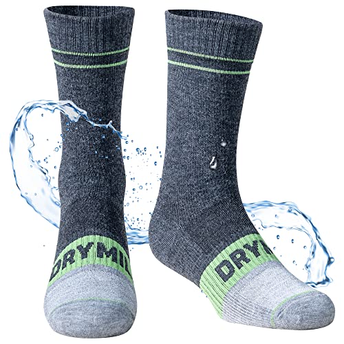 DRYMILE Mountain Waterproof Wool Socks, Winter Waterproof Socks for Wading, Camping, Hiking, Fishing, Skiing - Crew (Large, Charcoal/Green)