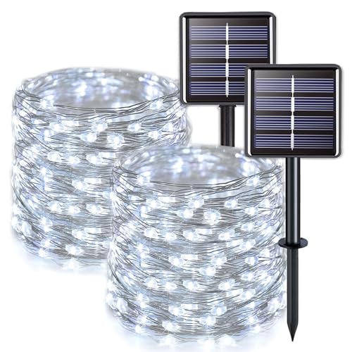 JMEXSUSS White Solar String Lights Outdoor Waterproof, 2 Pack Each 33FT 100 LED Solar Fairy Lights, 8 Modes Solar Christmas Lights for Outside Tree Garden Patio Wedding Decorations