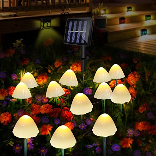SoulBay Fairy Garden Mushroom Solar Lights, 12pcs Outdoor Solar Powered IP65 Flickering LED Mushrooms Lights with Dusk to Dawn Sensor for Patio Yard Night Party Decorations, Bright Warm White Glow
