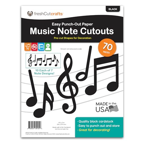 FreshCut Crafts 70 pcs Music Notes Cutouts Black Musical Party Decorations in 7 Designs, US Made Card Stock Easy Punch Out for Band Music Concert 50s Rock and Roll Party Bulletin Board