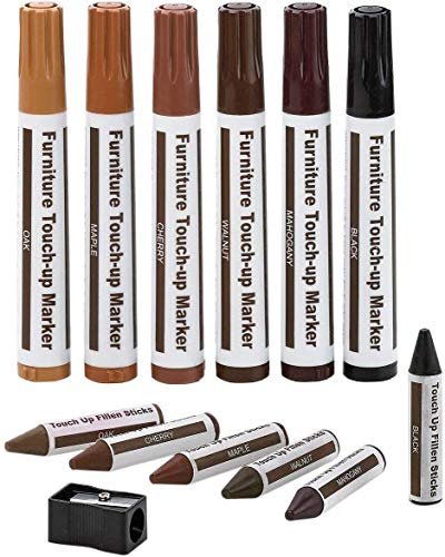 Furniture Repair Kit Wood Markers - Set of 12 - Markers and Wax Sticks with Sharpener Kit, for Stains, Scratches, Wood Floors, Tables, Desks, Carpenters, Bedposts, Touch Ups, and Cover Ups