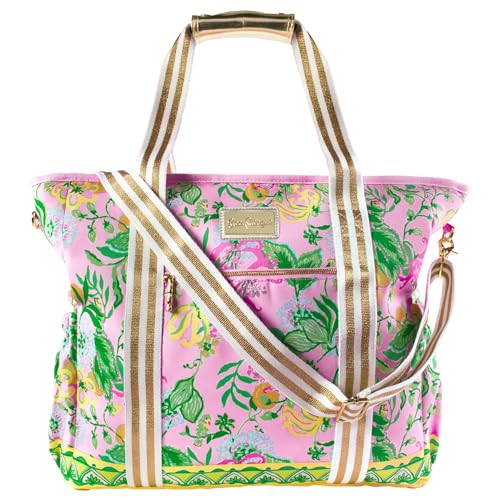 Lilly Pulitzer Pink Picnic and Beach Cooler, Insulated Cooler Bag with Adjustable Shoulder Strap and Zippered Top, Large Soft Cooler for Groceries or Travel, Via Amore Spritzer