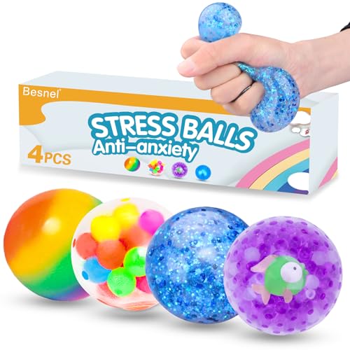 BESNEL Sensory Stress Balls Set, Squishy Stress Ball, 4 Pack Squeeze Ball for Adults, Autism Hyperactivity, Stress Relieve, Increase Entertainment