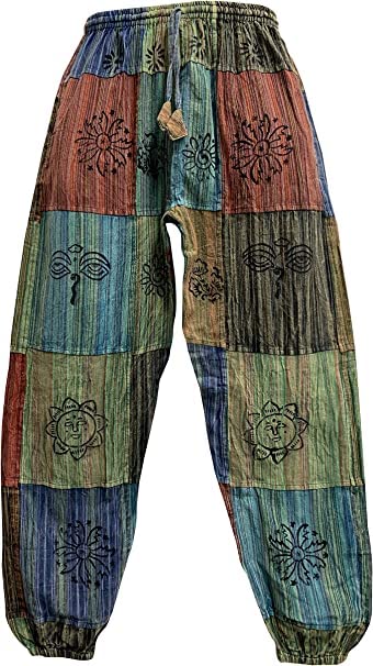 Men's Stonewashed Cotton Bohemian Vintage Yoga Ethnic Print Patchwork Harem Pants (Medium) Multicolored