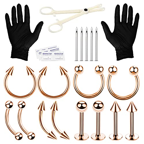 BodyJ4You 20PC PRO Body Piercing Kit | Nose Septum Ear Cartilage Lip Belly Navel Tragus Eyebrow | Rose Goldtone Steel 16G BCR CBR Ring Barbell Spike | Tools Needles Gloves Clamps