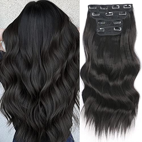 Deethens 4PCS Clip in Beach Wavy Hair Extensions 20 Inches Natural Black Long Synthetic Hairpieces Bouncy Curly Hair Extensions for Women (Natural Black 2#)…