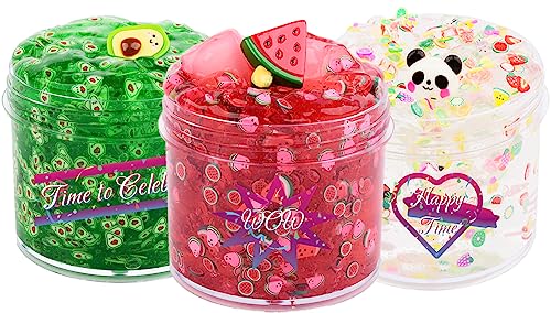 Clear Slime Kit for Girls Boys, Watermelon Avocado Jelly Slime with Fruit Slices Glitters Add Ins,Charms, Red Green Crunchy Slime Stress Relief Toys for Kids Adults Birthday Party Favors, 3 Pack