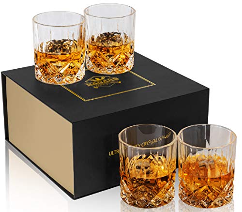 KANARS Old Fashioned Whiskey Glasses with Luxury Box - 10 Oz Rocks Barware For Scotch, Bourbon, Liquor and Cocktail Drinks - Set of 4 - Men Gift