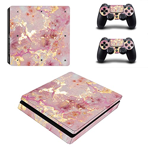 ZOOMHITSKINS PS4 Slim Skin, Compatible for Playstation 4 Slim, Gold Glossy Pink Marble Granit Pastel, 1 PS4 Slim Console Skin 2 PS4 Slim Controller Skin, Durable & Fit, 3M Vinyl, Made in The USA
