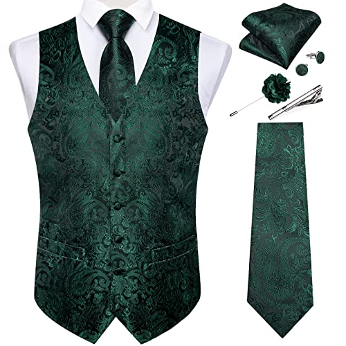 DiBanGu Men's Emerald Green Suit Vest Set Silk Green Paisley Waistcoat and Necktie Tie Clip Lapel Pin Brooch Pocket Square Cufflinks Set for Suit or Tuxedo Wedding Green Vest for Men