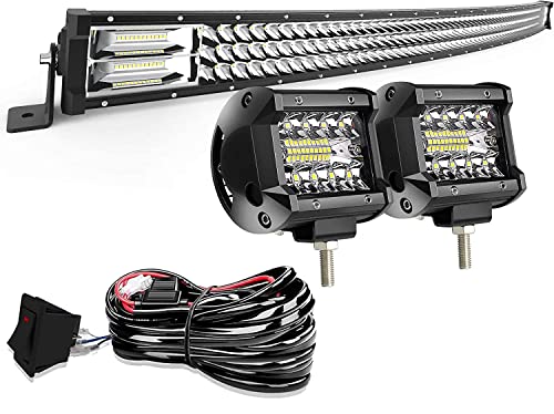 LED Light Bar AUSI 50' Curved 684W Triple Row Light Bars + 2PCS 4in 60W LED Pods Off Road Driving Fog Lights with Rocker Switch Wiring Harness Kit for Trucks Polaris ATV SUV Boat Lighting