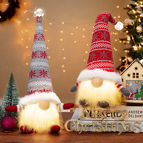 BAODLON Christmas Gnome Decorations with Light, 13.4 Inches Set of 2 Knitted Hat Nisse Figurine Plush Swedish Nordic Tomte Scandinavian Elf X'Mas Holiday Party Home Table Decor Ornaments (Red & Grey)