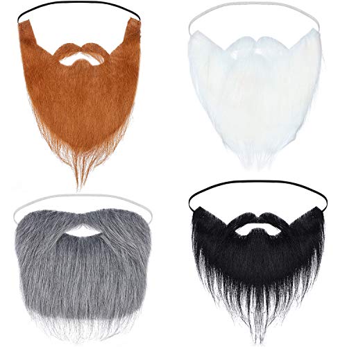 4 Pieces Fake Beards False Beards Funny Fake Mustache Fake Whisker for Costume Halloween Party Supplies (Black, White, Brown, Grey)