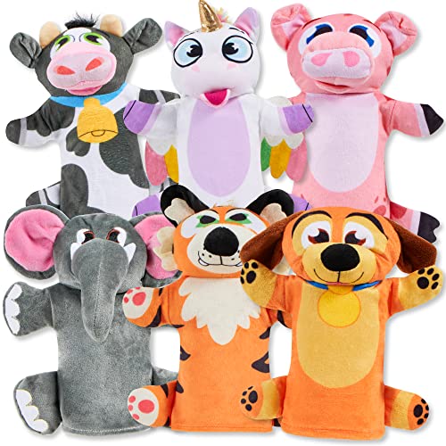 JOYIN 6Pcs Kids Hand Puppet Set, Toddler Animal Plush Toy Includes Elephant, Unicorn, Puppy, Pig, Tiger and Cow for Boys Girls Show Theater, Birthday Party Gifts, Easter Basket Stuffers