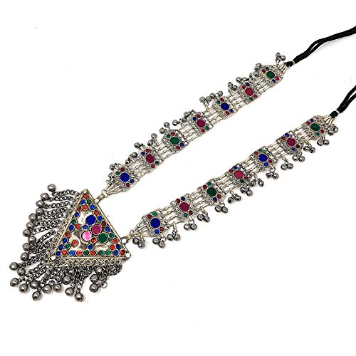 Duel On Jewel Afghan Tribal Womens Statement Kuchi Oxidized Metal Handmade Triangle Pendant Necklace in Multicolor - Bohemian Belly Dancing Dandiya Jewelry