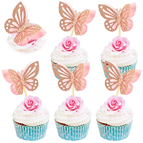 Chinco 48 Pcs Butterfly Cupcake Toppers Assembled Double Layer Cupcake Topper 3D Glitter Cupcake Topper Butterfly Cocktail Pick Decoration for Baby Shower Birthday Wedding (Pink,Classic Style)