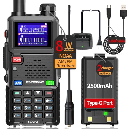 BAOFENG Radio 5RM 8W Ham Radio Long Range Handheld (Upgrade of UV-5R) AR-5RM Two Way Radio NOAA Weather Receiver Rechargeable Walkie Talkies UV5R, Copy Frequency 999CH with Type C Charging Battery
