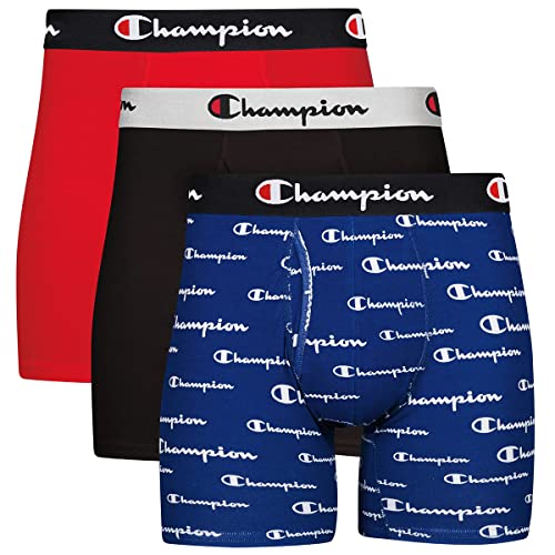 Champion Men's Boxer Briefs, Every Day Comfort Stretch Cotton Moisture-Wicking Underwear, Multi-Pack, Blue White Script Logo/Black/Red-3 Pack, Medium