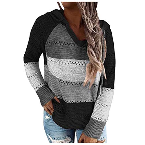 YAnGSale Top Casual Patchwork Sweater Women Fashion Hoodies Long Sleeves Shirt Hooded Blouse Knit Pullover (Black, L)