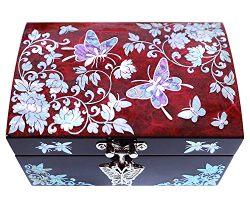 MADDesign Mother of Pearl Lacquered Jewelry Ring Box Butterflies Red