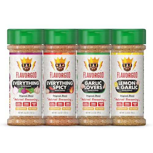 Flavor God Classic Combo Pack Of 4 Seasoning & Spices for Cooking, Everything, Everything Spicy, Garlic Lovers, Lemon & Garlic, Low Sodium, Healthy Herbs Keto Spice Set, Chicken, Beef, Seafood & Eggs