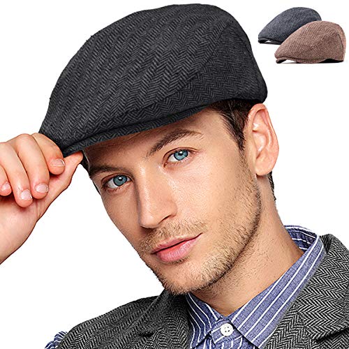 LADYBRO 2 Pack Black+Brown Wool Ivy Cap - Men Hat Newsboy Cap Driving Cap Tweed Flat Hat (1-2, Size 7 5/8, L/XL)