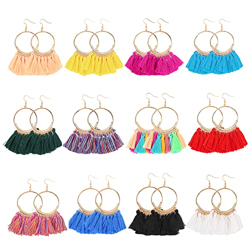 LANTAI 12 Pairs Bohemian Tassel Earrings Set-Trendy Colorful Fringe Summer Beach Statement Earrings for Women Girls Boho Earrings Gift