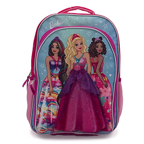 Barbie & Friends Cosplay Backpack, Girls Bookbag with Adjustable Shoulder Straps & Padded Back, 16” School Bag w/3D Skirt and Metallic Fabric Tiara.