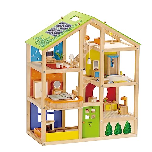 All Seasons Kids Wooden Dollhouse by Hape | Award Winning 3 Story Dolls House Toy with Furniture, Accessories, Movable Stairs and Reversible Season Theme L: 23.6, W: 11.8, H: 28.9 inch