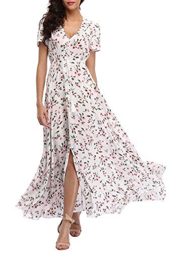 VintageClothing Women's Floral Maxi Dresses Boho Button Up Split Summer Casual Long Dress Beach Party Dress, White&Floral, XL