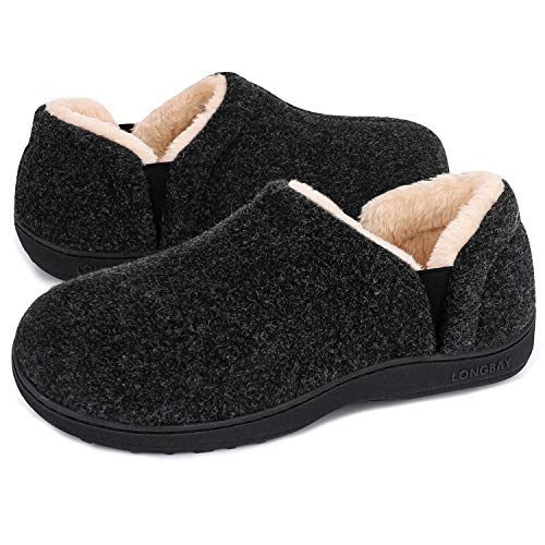 LongBay Men's Slippers Warm Felt Bedroom House Shoes Winter Slip-On Memory Foam Bootie Slippers for Indoor Outdoor (Black, Size 11-12)