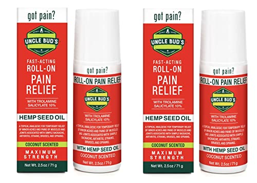 Hemp Oil 2-Pack Uncle Bud's Topical Roll On Pain Reliever, Hemp Oil for Pain Reduction, Stress Support, Achy Muscle Relief, Fast Acting, Anti Inflammatory