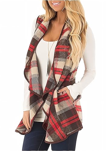 Unidear Womens Casual Plaid Print Sleeveless Open Front Cardigan Sweater with Pockets Light Red L