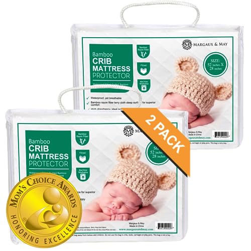 Ultra-Soft Waterproof Crib Mattress Protector Pad 2 Pack - Breathable Premium Bamboo Rayon - Noiseless Fitted Dryer Safe. High Absorbency Oeko-TEX Certified (28 x 52 x 9 inches)