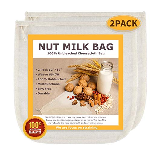 Nut Milk Bags, All Natural Cheesecloth Bags, 12'x12', 2 Pack, 100% Unbleached Cotton Cloth Bags for Tea/Yogurt/Juice/Wine/Soup/Herbs, Durable Washable Reusable Almond Milk Strainer(Weave 66x70)
