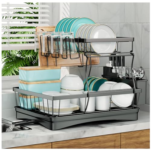 7 code Large Dish Drying Rack for Kitchen Counter, Detachable Large Capacity Dish Drainer Organizer with Utensil Holder, 2-Tier Dish Drying Rack with Drain Board, Black