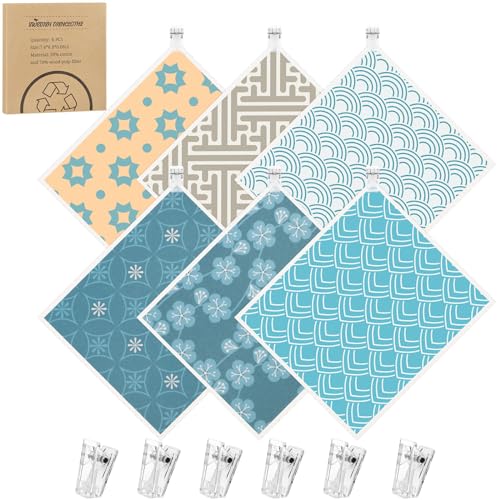 6 Pack Swedish Dishcloths for Kitchen, Absorbent Dish Cloths Swedish Dish Towels with Adhesive Clips, Reusable Paper Towels No Odor for Cleaning Home Kitchen（Geometric Patterns）