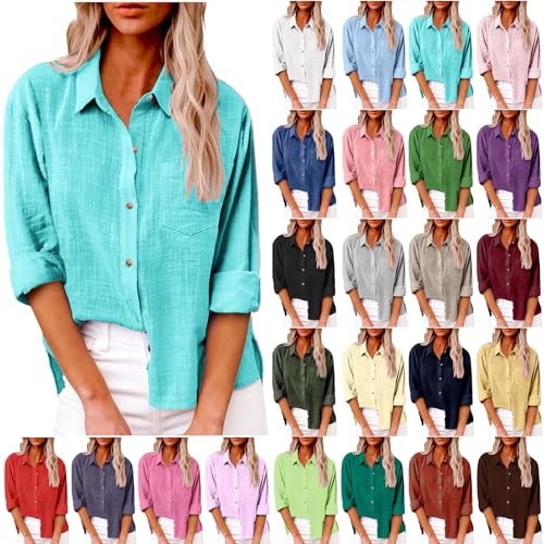 LRMQS Lightning Deals of Today Prime Linen Shirts for Women Summer Long Sleeve Lapel Button Down Blouse Lightweight Gauze Loose Casual Fashion Shirt Clothes My Orders Peime Womens Tshirts