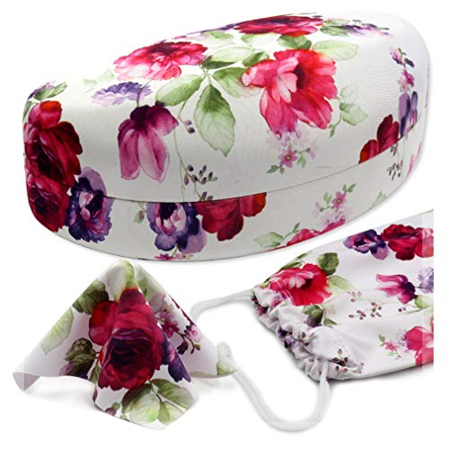 MyEyeglassCase - Chic Premium Sunglass Case in a Microfiber Floral Print for Curved Frames with Microfiber Pouch & Cloth - Large to Extra Large Eyeglass Case for Men and Women (AS179 Cranberry Rose)