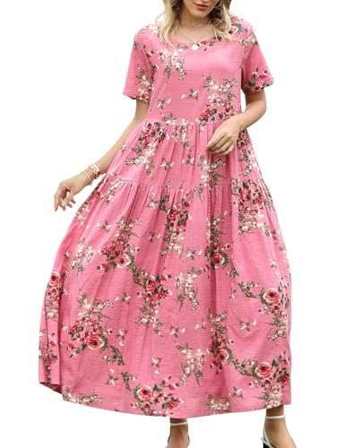 YESNO Women Casual Loose Bohemian Floral Dress with Pockets Short Sleeve Long Maxi Summer Beach Swing Dress 3XL EJF CR35