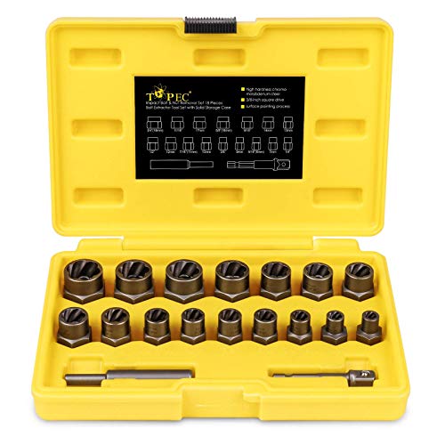 Topec 18-Piece Stripped Bolt Extractor Kit, 3/8' Drive Rounded Bolt Remover, Lug Nut Removal Tool with Hex Adapter, Bolt Nut Extractor Socket Set for Broken, Damaged Bolts, Nuts & Screws