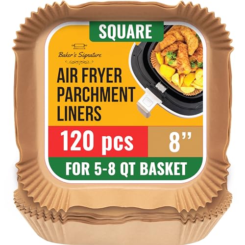 Air Fryer Liners, Disposable Airfryer Paper Liners – 120Pcs Non-Stick and Oil Proof for Easy Cleanup, Great for Oven, Pans & Baking – 8” Square for 5-8 qt Basket by Baker's Signature