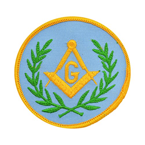 Wreathed Square & Compass Round Embroidered Masonic Patch - [Light Blue, Green & Gold][3'' Diameter]