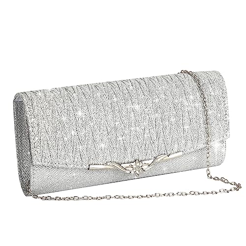 Eshow Women’s Evening Bag, Small Clutch Purse for Women, Glitter Gold Silver Clutch Handbag with Chain for Wedding Party Prom